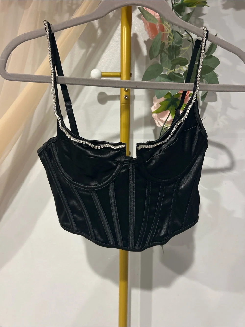 TYNORA Black Satin Rhinestone Corset Bustier Crop Top Size Small